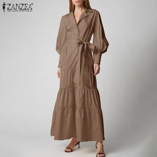 ZANZEA Elegant Waist Belt Ruffle Dresses Vintage Puff Sleeve Lapel Robe Female Solid Vestidos 5XL Women Spring Autumn Long Dress
