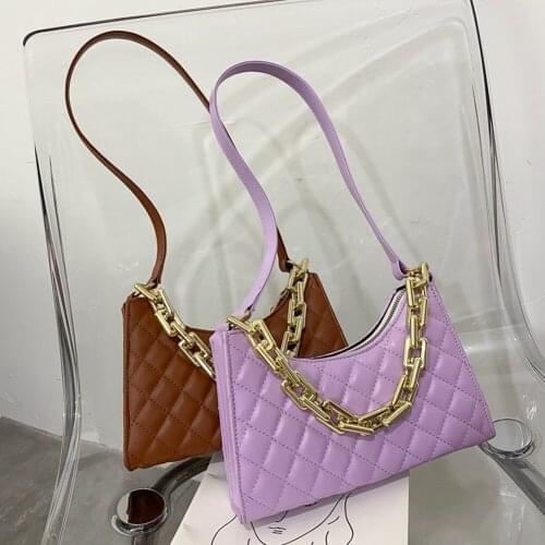 Fashion Lattice Pattern Retro PU Leather Underarm Shoulder Bags For Women Casual Solid Color Female Daily Chain Shoulder Handbag