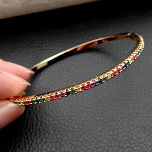 Rainbow cubic zirconia pave Gold color fashion women cuff bangle bracelet Statement Letter Women Jewelry Gift
