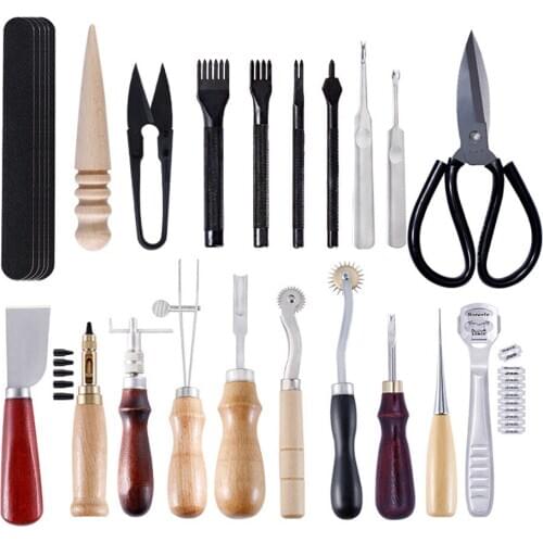 18PCS Professional Leather Craft Punch Tools Kit Stitching Carving Working Sewing Saddle Groover Leathercraft Tools Set Kit DIY