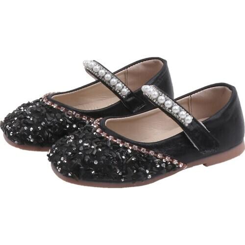 2021 Spring Autumn New Girls Baby Rhinestone Leather Shoes Korean Girls Sequined Pearl Princess Shoes Pearl Dance Shoes 21-35