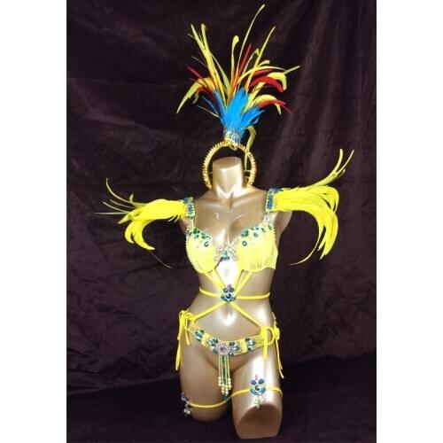Free shipping 2016 Sexy Samba Rio Carnival Costume hot selling new belly dance costume with yellow Feather Head piece