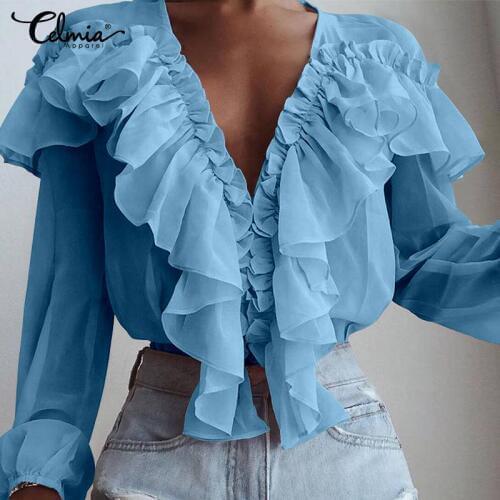 2021 Solid Ruffles Blouse Women Long Sleeve Tunic Tops Casual Loose Shirt Ladies Elegant Sexy Deep V-Neck Blusas Mujer