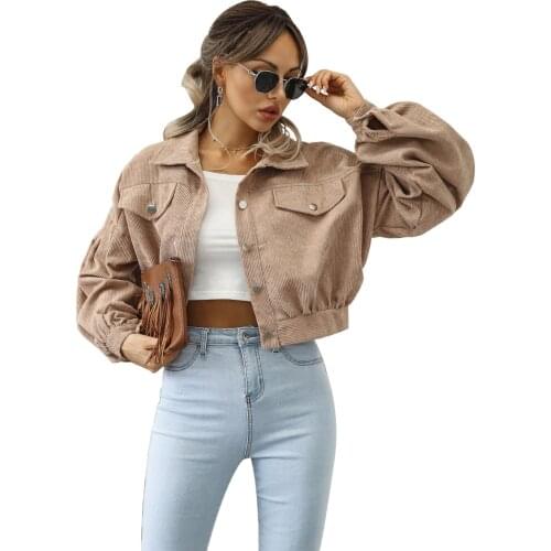 Fashion womens corduroy lantern long-sleeved lapel locomotive style jacket solid color new loose casual short jacket
