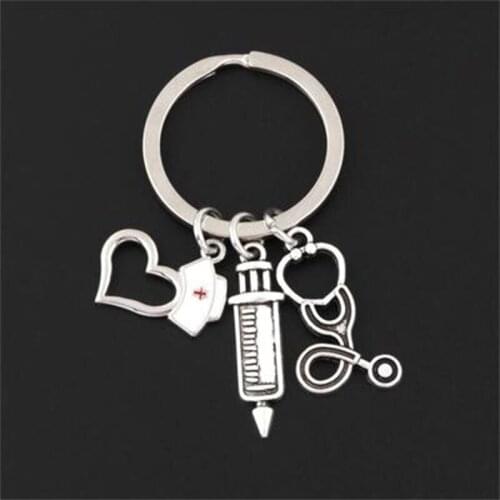 Peach Heart-Shaped Nurse Cap, Syringe, Stethoscope, Keychain, Medical Keychain, A Friend’S Jewelry Gift