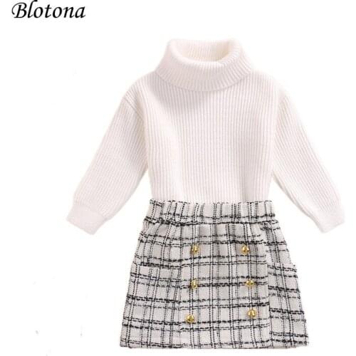 Blotona Little Girls Casual 2Pcs Outfits, Solid Color Long Sleeve Ribbed Knit Turtleneck Sweater + Plaid Skirt with Buttons 1-7Y
