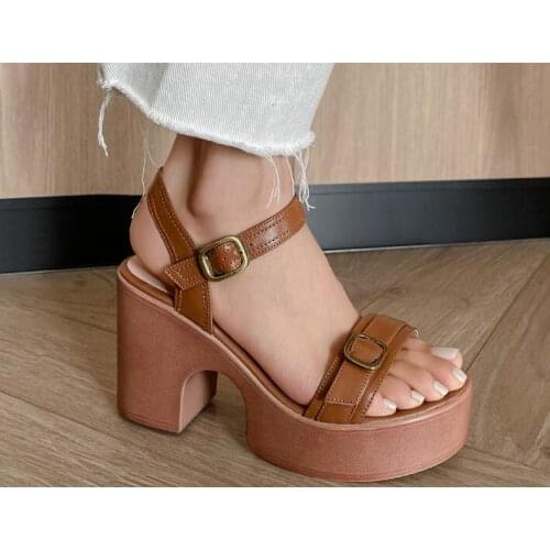 Drop Shipping Fashion Woman Brown Beige Cow Leather 9 CM Chunky Heels Sandals Ladies 4 CM Platform One Line Buckles Sandals