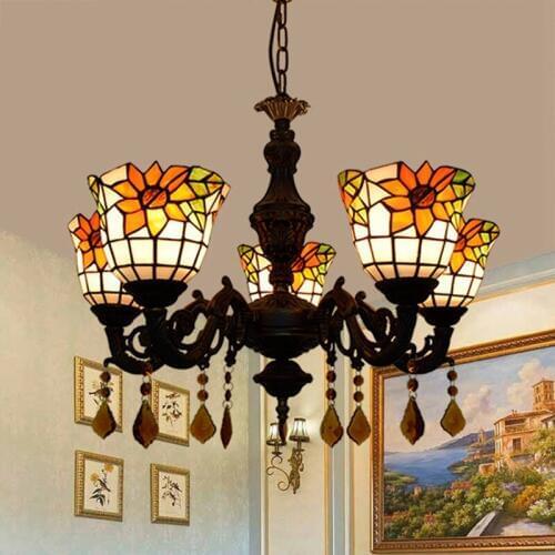 American Tiffany color glass pastoral sunflower bar restaurant crystal decorated 5 chandeliers