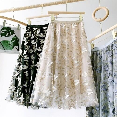 Midi Long Lace Tulle Skirt Women Fashion 2021 Elegant Butterfly Embroidery A Line High Waist Mid-length Mesh Skirt Female
