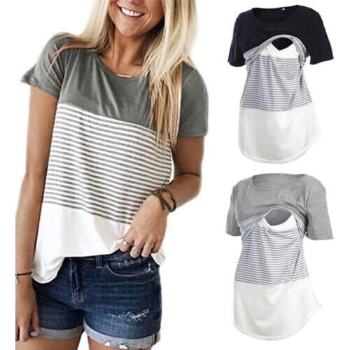 Citgeett Summer New Women Maternity Breastfeeding Tee Nursing Tops Striped Short Sleeve T-shirt Patchwork Maternity Clothes