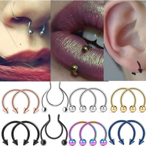 2pcs Surgical Stainless Steel Nose Ring Septum Horseshoe Hoop Earrings Ear Clip Lip Ring Hook Body Piercing Punk Jewelry