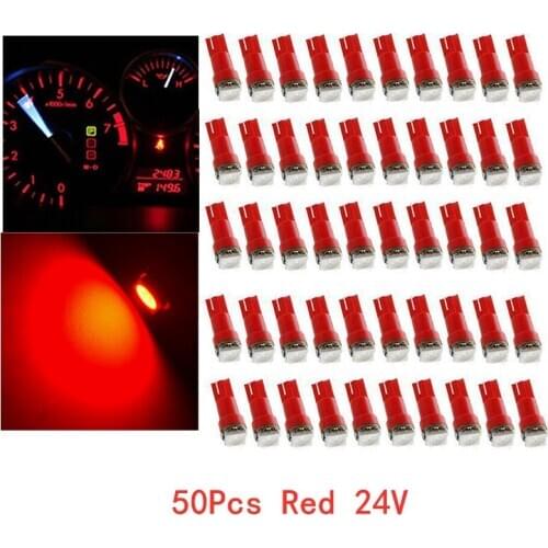 50Pcs T5 5050 1SMD 24V Red Blubs Wedge Dashboard LED Lights Bulbs Car Lnstrument Indicator AC Lamp Auto Interior Accessories