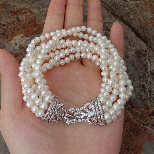 YYGEM 8" 7 Rows 4MM White Round Freshwater Pearl strand Bracelet Cz pave silver plated Clasp