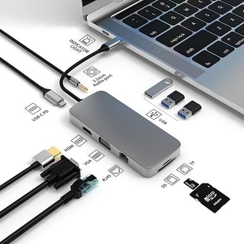 Suitable for MacBook Pro/Air Thunderbolt 3 new Type-c docking station 10 in 1 multi-function hub dual HDMI compatible RJ45 VGA