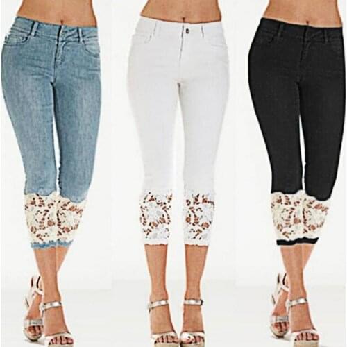 Capri Pants Denim Pants Casual Stretch 3/4 Trousers Female Capris Lace Stretchy Women Calf Length Mid Rise Jeans for Dating Pant