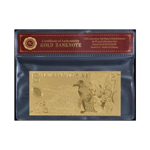 WR Fake Money Bills New Zealand 5 Dollar Gold Banknote with Plastic Frame Prop Money Foil Banknotes Souvenirs Gift for Men