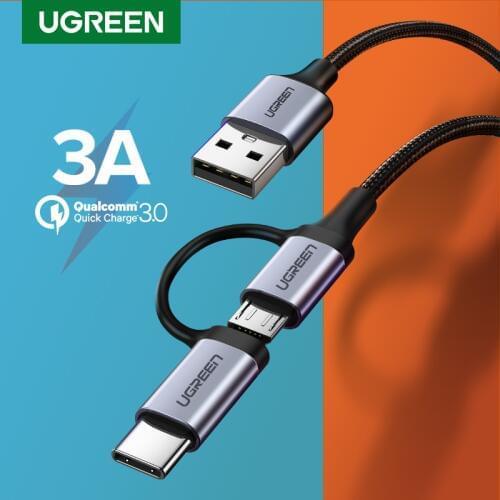 Ugreen USB Type C Cable for Samsung Galaxy S10 S9 2 in 1 Fast Micro USB Cable Charging Data Cable Moble Phone USB Charger Cord