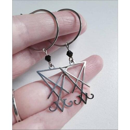 Gothic Sigil of Lucifer Satanic Hoop Dangle Earrings