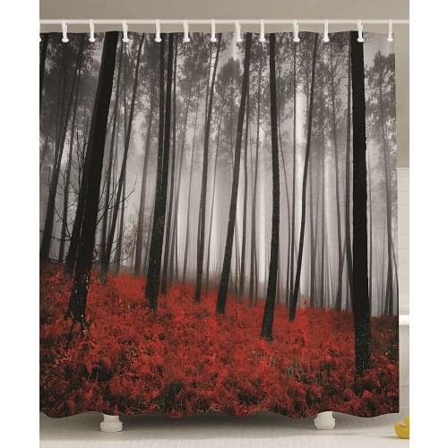Red Shower Curtain Mystic Forest Red Grass Primitive Art Flower Rainy Gray Foggy Scene Miracle Feel Good Nature Shower Curtain