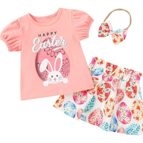 Lioraitiin 1-5Years Toddler Baby Girl 3Pcs Easter Clothing Set Short Sleeve Pink Buuny Printed Top Skirt Outfit
