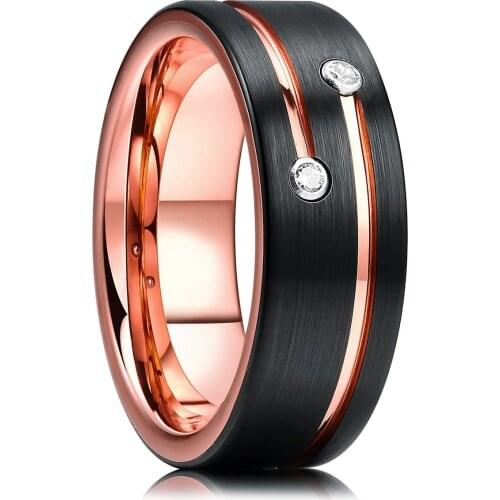 2021 Fashion 8mm Mens Rose Gold CZ Tungsten Carbide Ring Thin Rose Gold Line Groove Black Brushed Men Ring Wedding Band Jewelry