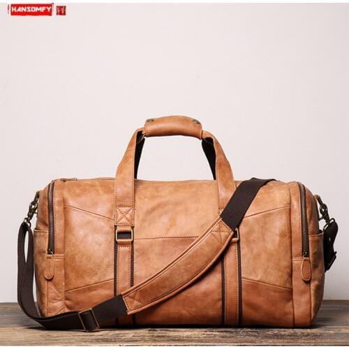 Mens Leather Handbag Shoulder Crossbody Bags Large Capacity Luggage Bags Genuine Leather Travel Bag Womens Frosted Leather Men