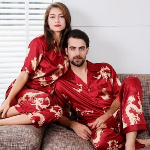 Couple Thin Short Sleeve Long Pants Dragon Print Nightgown Lovers Silk Nightwear Pajama Men Women Sleepwear Homewear