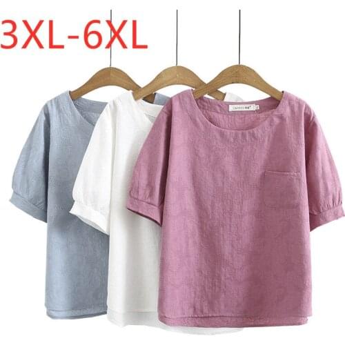 New 2021 Ladies Summer Plus Size Tops For Women Large Short Sleeve Pink Jacquard Weave Pocket Cotton T-Shirt 3XL 4XL 5XL 6XL
