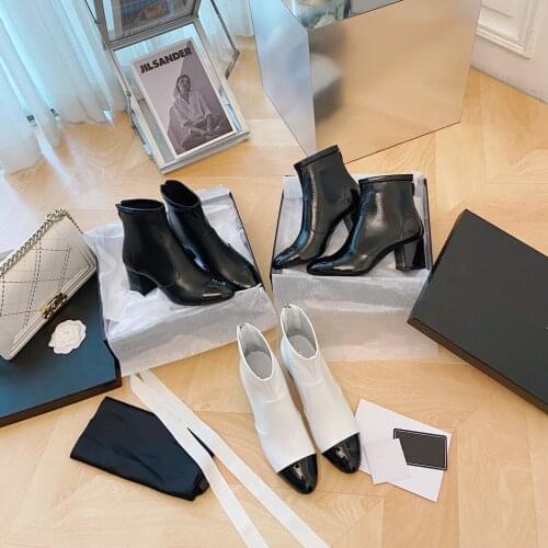 2021 Newest Winter Shoes Woman Short Boots Patent Leather Ankle Boots Woman Round-Toes High Heels Boots Woman Patchwork Boots