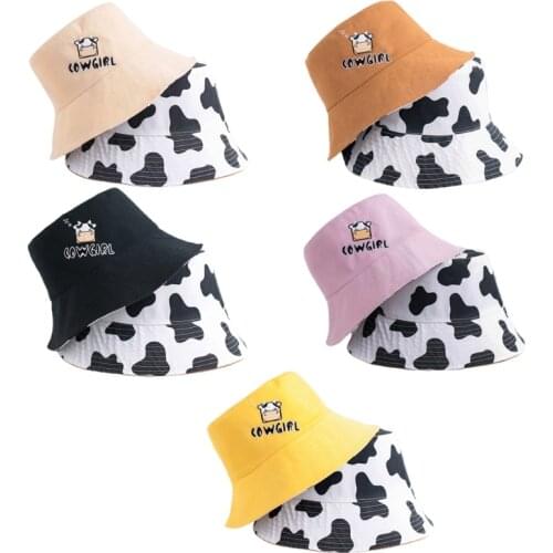 Unisex Cute Cartoon Cow Letters Embroidery Bucket Hat Reversible Double Sided Harajuku Sunscreen Panama Fisherman Cap