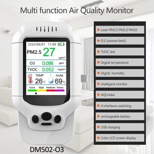 Portable Air Quality Detector PM2.5/PM1.0/PM10/HCHO/TVOC Temperature Humidity Monitor AQI Air Quality Analysis Tester O3 Meter