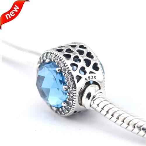 QANDOCCI Fits For Pandora Braclets Radiant Hearts Charms with Sky Blue Crystal 100% 925 Sterling Silver Beads Free Shipping