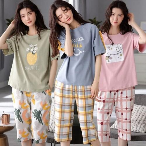 Plus Size Short Sleeve Knee Length Cotton Pajama Sets for Women 2021 Summer Sleepwear Suit Pyjamas Homewear Pijama Mujer Clothes