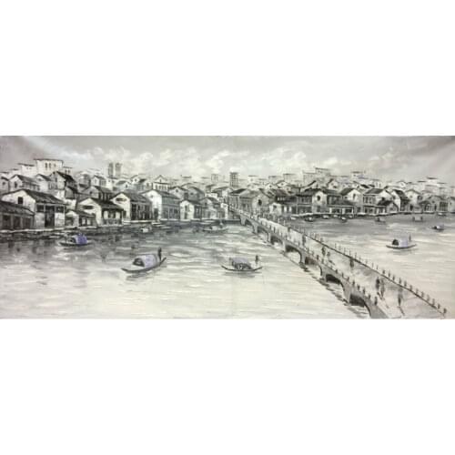 HandPainted White and Black China Suzhou Water Village Landscape Oil Canvas Painting Abstract Wall art Picture for Home Decor