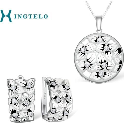 XINGTELO 925 Sterling Silver Jewelry Set Hollow Black and White Enamel Flower Stud Earrings Pendant Chain for Women