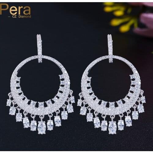 Pera Ethnic Shiny Cubic Zirconia Dangle Oval CZ Tassel Long Big Round Huggie Drop Earrings for Women Fashion Party Jewelry E678