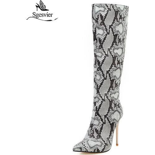 Sgesvier 2020 big size 48 women knee high boots snake pointed toe zip autumn winter boots thin high heels party prom shoes woman