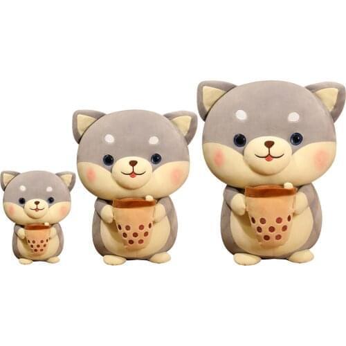 Cute Cartoon Plush Dog Toys Baby Shiba Inu Drinking Bubble Tea Soft Hugging Plush Doll Sofa Pillow Companion Birthday Gift