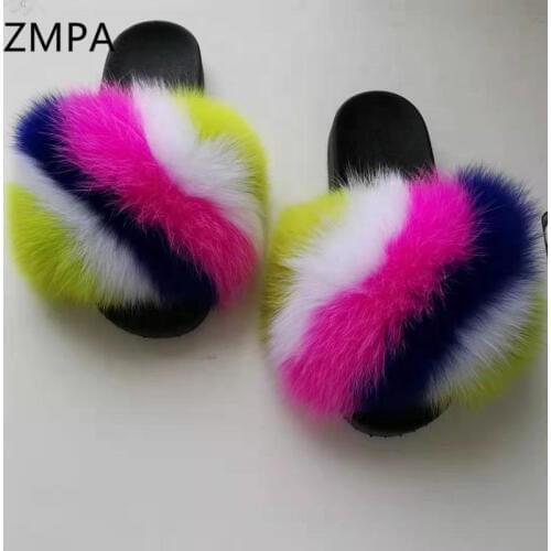 Childrens/Women Summer Fluffy Slippers Womans/kids Real FOX Fur Slides Beach Furry Sandals Cute Plush Flip Flops Foot 19-27CM