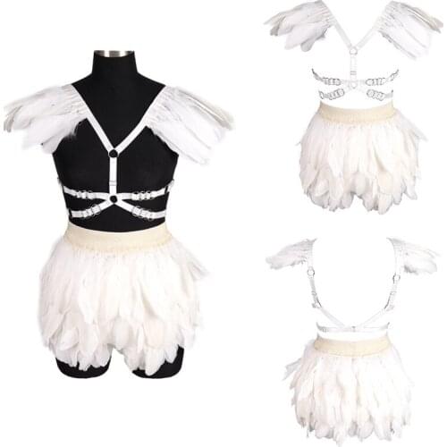 Sexy Women Elastic Body Harness Skirt Lingerie 2 Piece Set Erotic Cage Cross Bandage Top Goth Feather Harness Princess Dress
