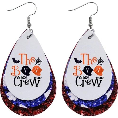 Teardrop Funny Halloween Boo Faux Leather Earrings Bootiful Layered Sequins Printed Earrings Bulk