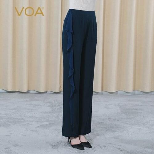 VOA 36m/m Silk Natural Waist Asymmetric Three-dimensional Decorative Pocket Micro-elastic Gloss OL Wind Wide-leg Pants KE381