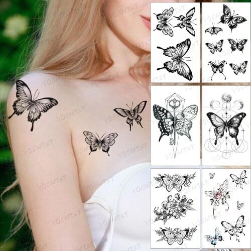 Waterproof Temporary Tattoo Sticker Black Butterfly Wings 2021 New Style Tatoo Chest Neck Woman Man Child Art Fake Tattoos