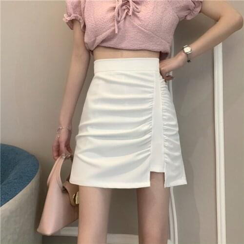 Skirts Women Solid Basic Simple Asymmetrical Folds Mini Skirt Female High Waist A Line Buttocks Slim Thin Summer New Skirt Femme