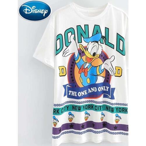 Disney Fashion Cute Donald Duck Cartoon Letter Print Women T-Shirt O-Neck Pullover Short Sleeve Casual Sweet Loose White Tee Top