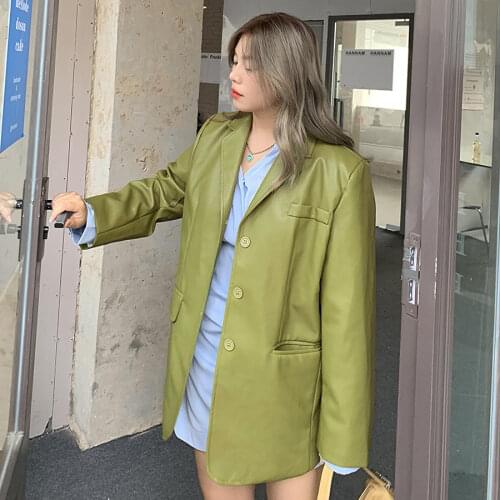 Chic 2021 Autumn Women Turn Down Collar Oversized PU Faux Leather Jackets Female Loose Casual Full Sleeve Motorcycle Coats WJ189