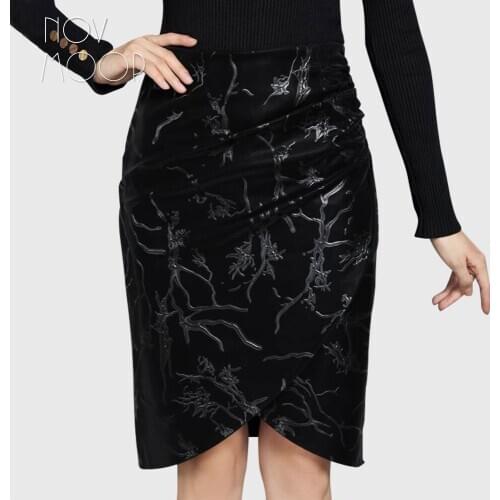 Novmoop romantic feminine sheepskin artistic pattern printed genuine leather women skirt with mermaid hem LT3296