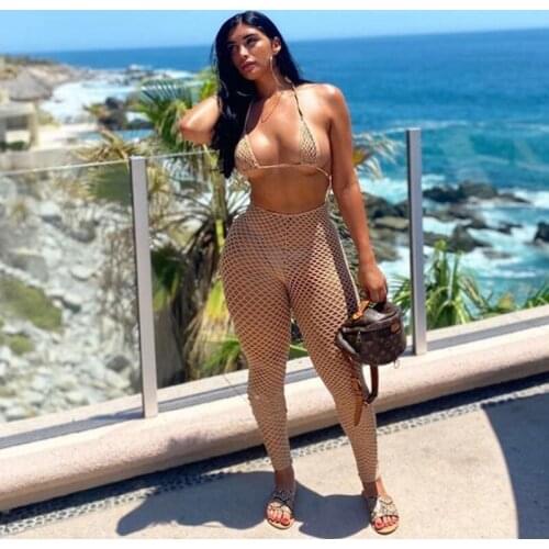 See Through Hollow Out Sexy Two Piece Set Women Summer Streetwear Fashion Skinny Sexy Sleeveless Halter Bikini Plaid Pants