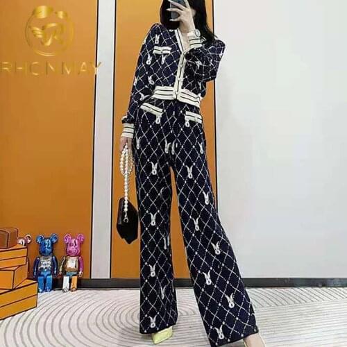 Knited Two Piece Set Women 2021 Autumn Winter Clothing Sets Casual Long Sleeve Sweater Cardigan + Wide Leg Long Pants Suits