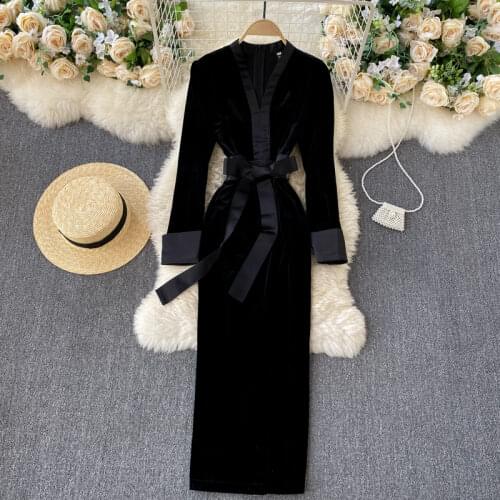 Lady New Fashion Winter Package Hip Dress 2020 Womens V Collar Retro Velvet Long Sleeve Elegant Clothes Vestidos Q654